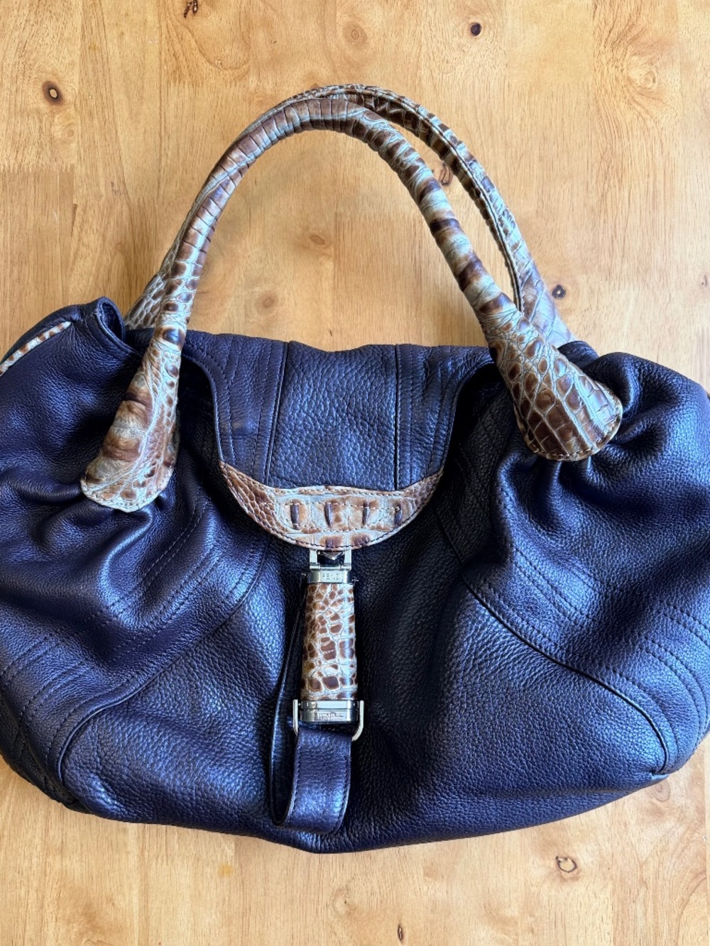 Fendi Spy Bag Brown Pebbled Leather Crocodile Embossed Trim Satchel Handbag